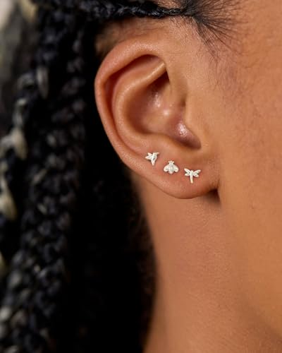 3 Pair Tiny Flat Back Earrings for Women - 14K Gold/White Gold Plated Dainty Cute Small Screw Flatback Stud Earring, Everyday Wear Gift - color: Hummingbird Bee Dragonfly Flat-5/6/6mm Silver