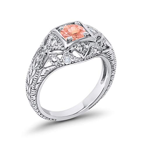 Blue Apple Co. Art Deco Ring Round Cubic Zirconia Leaf Filigree Design Split Shank Twisted Band Bridal Statement Wedding Engagement Rings For Women 925 Sterling Silver Gifts For Her - color: Simulated Morganite