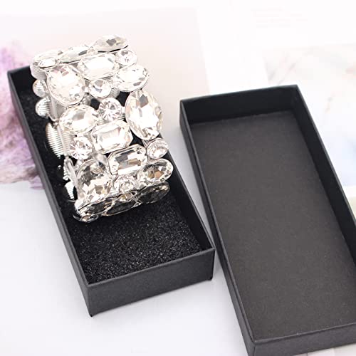 Women’s Wedding Bridal Crystal Leaf Flower Stretch Bangle Elastic Wide Bracelet Jewelry for Brides Bridesmaid - color: White-Platinum Plated