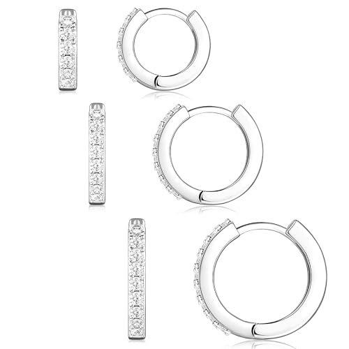 Poxtex Small Sterling Silver Huggie Hoop Earrings Set for Women, Hypoallergenic 14K Gold Plated Hoops Stacks for Multiple Piercings, Dainty Cute Mini Lightweight Cartilage Studs Trendy Jewelry Gift - color: Silver-cz hoops 8 10 12