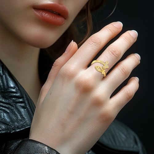 Vito 925 Sterling Silver Adjustable Open Spoon Ring for Women Men, Lotus Sunflower Snake Spoon Band Rings Feather Hug Witches Knot Inspirational Jewelry Gift for Wife - style: Jesus Fish-Golden