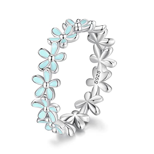 MUNDELL 925 Sterling Silver Dainty Daisy Rings Blue Flower Finger Rings for Women Stacking Promise Rings Fine Jewelry - color: Blue