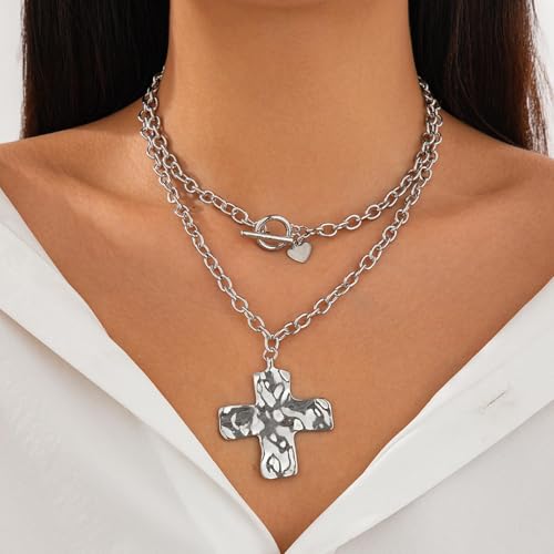 Chunky Cross Necklace for Women Chunky Gold Necklace Statement Cross Pendant Vintage Toggle Clasp Necklace Jewelry for Women - color: B2-Silver Cross Necklace