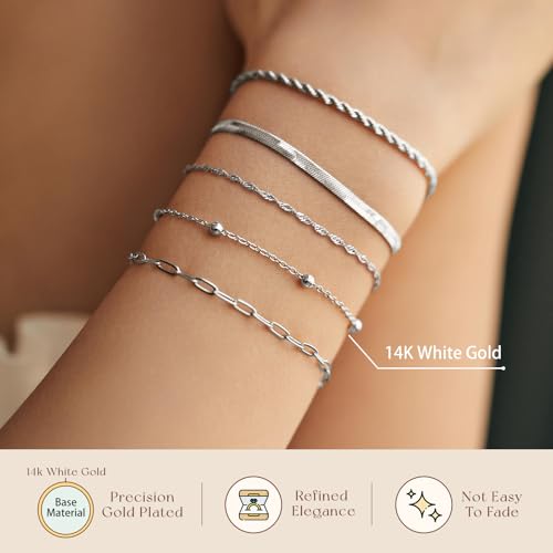adoyi Gold Bracelets for Women, 14K Gold Plated Stackable Bracelet Stack Set Adjustable Charm Paperclip Chain Cuban Link Layered Waterproof Jewelry Sets Gifts for Womens - color: Silver 6.5 IN General Wrist