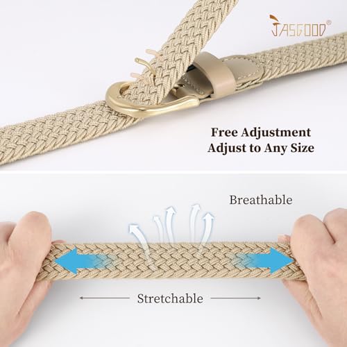 JASGOOD 2 Pack Braided Belts for Women, 1'' Narrow Width Elastic Woven Stretch Fabric Cloth Belts with Gold Buckle - color: A-black+khaki, size: Fit Size 37"-41"