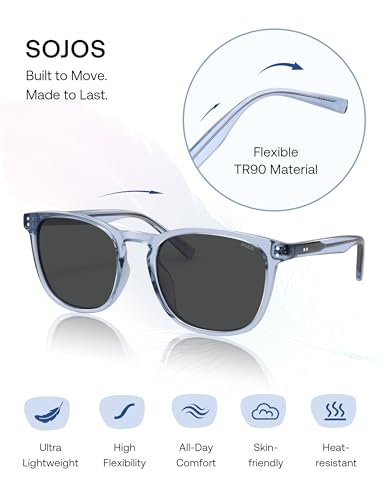 SOJOS Unisex Rounded Square Polarized Sunglasses TR90 Frame UV400 Protection Lightweight Retro for Women & Men - color: Blue/Grey