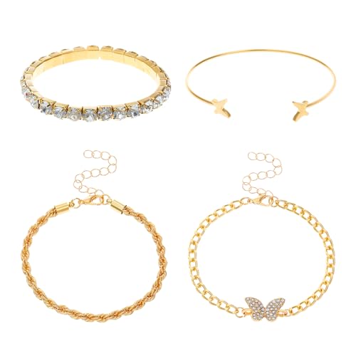 Alegend Titanium Steel (Not Rust, Resist Corruption, Easily Clean) 18K Gold Plated Single Bracelets + 14K Gold Plated Stackable Multilayer Bracelets - style: 14KGold + 4PCS A