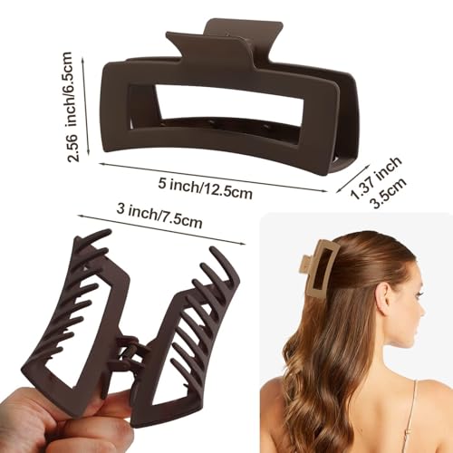 5 Inch XL Hair Clips, Strong Hold Oversized Non-slip Square Clips for Thick Long Curly Hair - 6 Colors, Matte Jumbo Gift Set - color: Brown