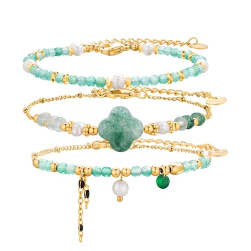 Beaded Bracelets Set for Women Stackable Healing Layered Bracelets Stack 3PCS Aquamarine Gemstone Crystal Dainty Boho Summer Jewelry for Women Natural Stone 14k Gold Plated - color: Green Strawberry Crystals