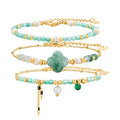 Beaded Bracelets Set for Women Stackable Healing Layered Bracelets Stack 3PCS Aquamarine Gemstone Crystal Dainty Boho Summer Jewelry for Women Natural Stone 14k Gold Plated - color: Green Strawberry Crystals