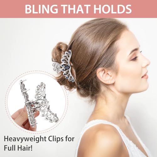 kilofly 3pc Vintage Crystal Hair Claw Clips Long Thick Hair Metal Clamps - color: 2 Large + 1 Medium