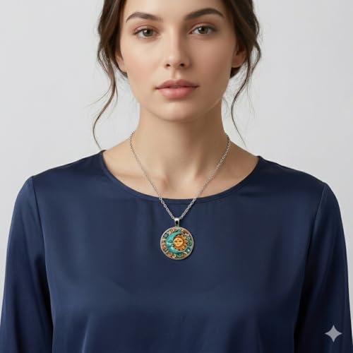 1pc Stunning Round Pendant Necklace - Unique Sun & Moon Pattern, Oil Painting Style Glass Mosaic, Alloy Construction, Trendy Sweater Chain, Fashionable Gift for Women - Christmas or Birthday Gift - color: Orange Sun/Blue Moon (Silver)