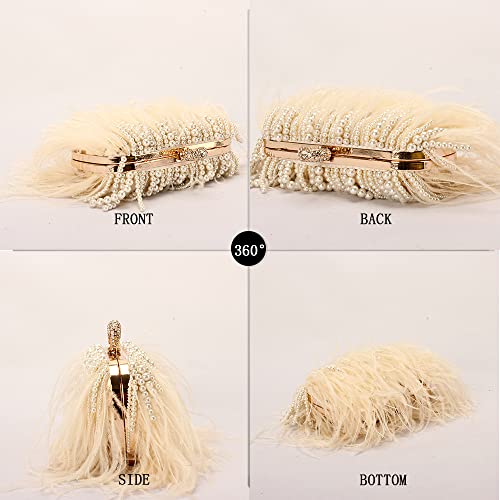 Women Real Natural Ostrich Feather Evening Bags Purses Clutch Vintage Banquet Handbag - color: Champange With Pearl