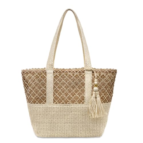 YAMEIZE Straw Woven Beach Shoulder Bags for Women Big Foldable Straw Tote bag Lightweight Raffia Bag with Zipper Summer - color: Beige