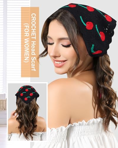 AWAYTR Crochet Head Scarf Hair Bandanas Women Knit Bandana Headband Scarf Tie-Back Head Coverings Floral Headscarf - color: Black Cherry + White Cherry + White Strawberry