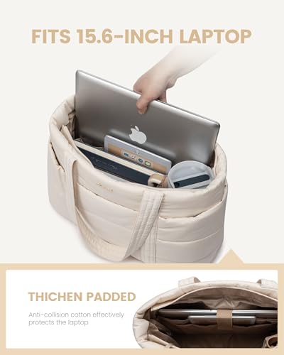 LOVEVOOK Tote Bag for Women, Large Puffer Work Tote Bag for 15.6 Inch Laptop, Lightweight Travel Tote with Zipper Gifts for Women - color: Beige-a, size: 15.6 Inch