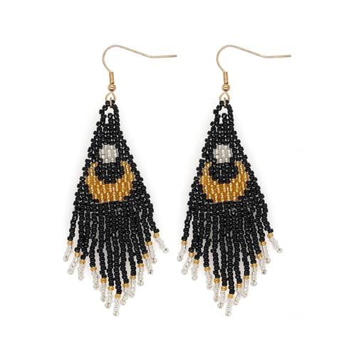 Bohemian Beaded Long Tassel Dangle Earrings for Women, Handmade Jewelry White Tarnish Resistant Lightweight Design, Stylish Accessory for Beach Vacation Party and Gift - color: black
