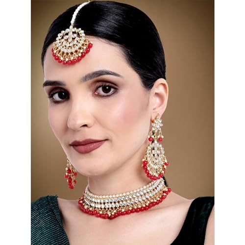 Aheli Faux Kundan Beaded Necklace Earrings Maang Tikka Indian Bollywood Ethnic Jewelry Set Gift for Women - color: Red & White