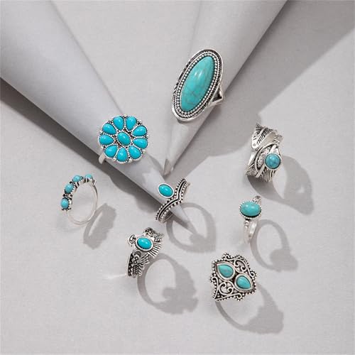 Bohemian Joint Knuckle Rings Set for Women,Vintage Boho Turquoise Stackable Rings Chunky Retro Turquoise Midi Finger Ring Statement Western Jewelry - style: Style B