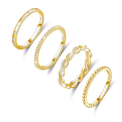 Sterling Silver Ring for Women, 4PCS Thin Stackable Rings Cubic Zirconia Thumb Ring Set Engagement Statement Wedding Bands for Women Size 5-10 - color: 14K Gold Plated, size: 5 (Circum 49.5mm)