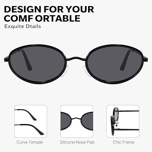 boten Retro Oval Sunglasses for Women 90s Small Gold Frame Sun Glasses Lightweight Cute Chic Sunnies - color: Black Frame-grey Lens