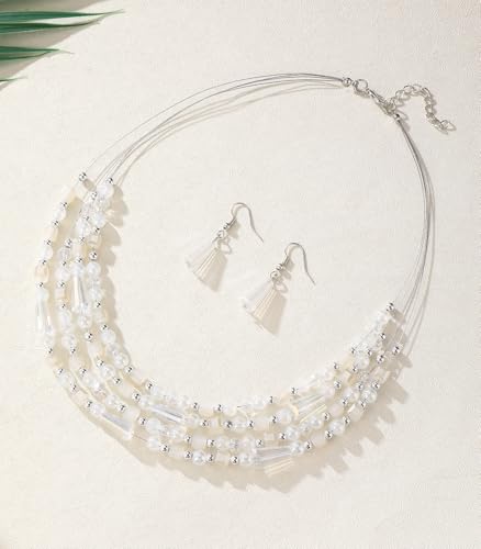 Errally Layered Beaded Statement Necklace Multi Strand Crystal Beads Collar Necklace and Earring Sets for Women Fashion Costume Jewelry Set Gifts for Her - color: White