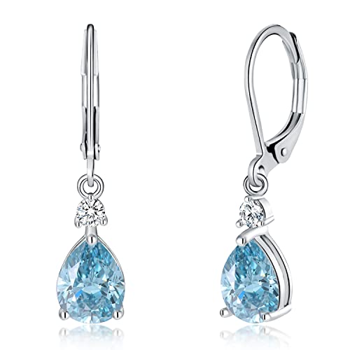 CiNily Teardrop Leverback Dangle Earrings for Women Hypoallergenic 14K Gold Plated Cubic Zircon Drop Earrings Fashion Crystal Earrings for Girls Jewelry Christmas Gifts - color: White Gold-Blue CZ
