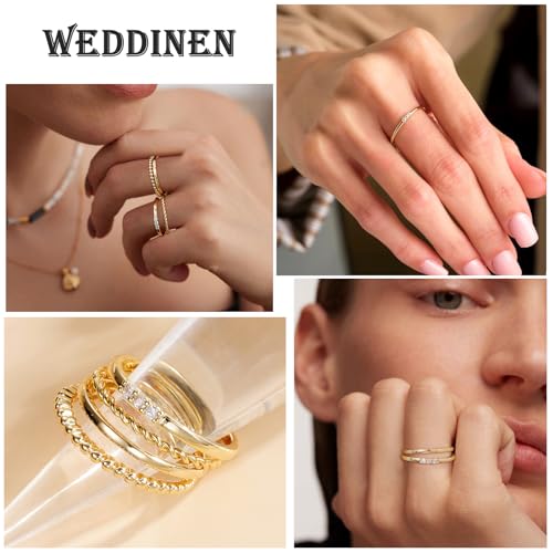 WEDDINEN 4PC Gold Rings for Women, S925 Sterling Silver 14k Gold Filled Plated Stackable Thin Thumb Ring Set Cubic Zirconia Dainty Stack Gold Knuckle Rings Set Size 6-10 - color: Gold, size: 5