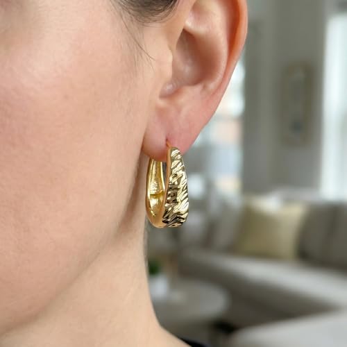 14K Gold Plated Wide Chonky Hinge Hoop Earrings for Women, Ribbed Textured U-Shape Oval Hoops, Lightweight Dainty Hollow Jewelry Gift, Nickel-Free Hypoallergenic 25MM