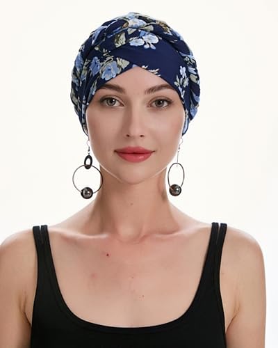 ZLYC Chemo Headwear for Women Pre Tied Turban Headwear Lightweight Beanie Hat - color: Braid Floral Navy