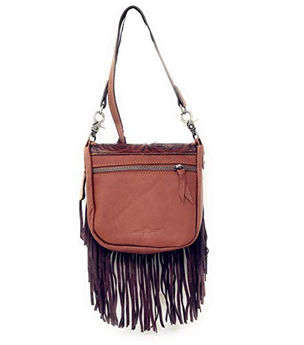 Western Genuine Leather Floral Tooled Fringe Womens Crossbody Bag 3 Color - color: Brown