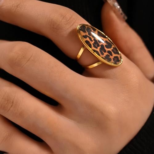 Boho Leopard Print Gold-Tone Statement Ring for Women Trendy Vintage Geometry Oval Adjustable Ring Unique Open Band Comfort Fit Punk Style 80/90s Costume Jewelry Y2K Cocktail Party Prom Accessories