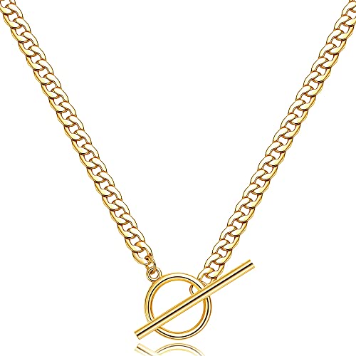 CHESKY Layered Necklaces for Women, 14K Gold Plated Chain Necklace Women Trendy Cuban Link Paperclip Chain Toggle Clasp Necklace Fashion Chunky Jewelry for Women - style: Toggle+Bar
