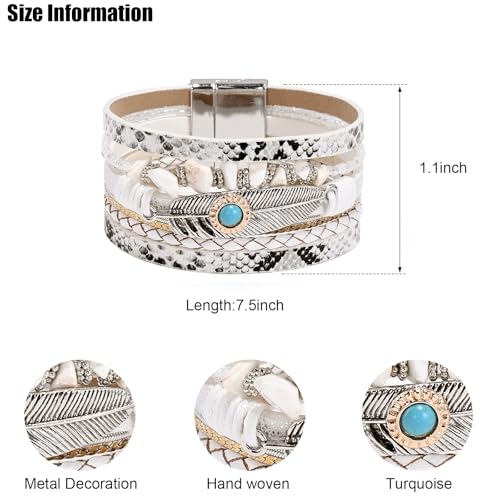 VIBILIA Boho Leather Wrap Bracelets for Women Men Multi-Layer Bracelets with Strong Clasp Western Jewelry - color: 09-Gravel Feather-White