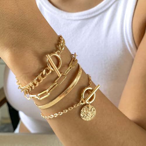 Alegend Titanium Steel (Not Rust, Resist Corruption, Easily Clean) 18K Gold Plated Single Bracelets + 14K Gold Plated Stackable Multilayer Bracelets - style: 14K Gold Plated Four-Layered B
