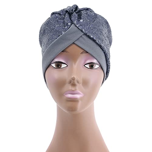 Erinaco Women Sparkle Sequin African Turban Bow Knot Pre-Tied Cap Pleated Ruffle Bonnet Beanie Hat Headwrap Skull Caps - color: Sparkle Dark Grey