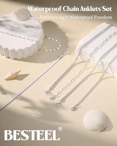 Besteel Ankle Bracelets for Women Waterproof - 14K Gold Plated Non Tarnish Layered Cuban Link Chain Rope Figaro Herringbone Anklets Set Plus Size Anklet Summer Foot Jewelry Gift Adjustable 8-12 Inch - style: 6 Pcs Silver Tennis-8.5+2.5 Inch