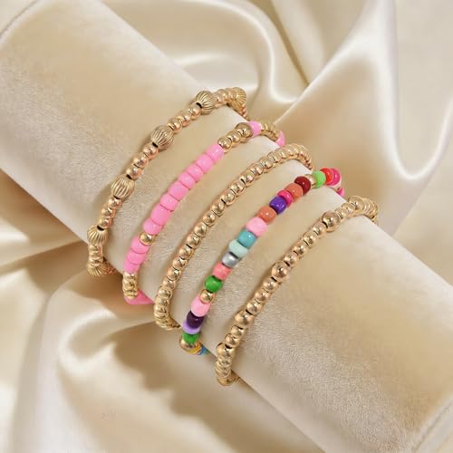 VIBILIA Gold Beaded Bracelets Set for Women 14K Gold Plated Dainty Pearl Cross Bracelet Stack Stretch Bracelet Set Fashion Accessories Gifts - color: 5P-MZ-Color