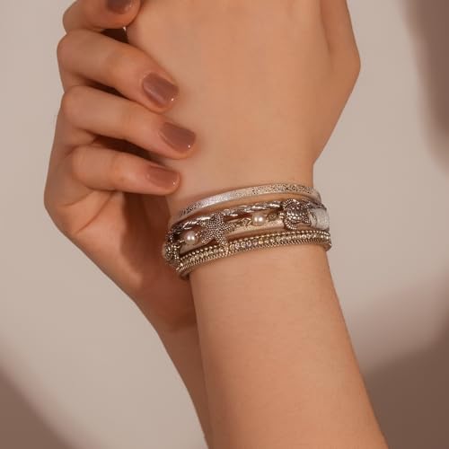 FANCY SHINY Turtle Starfish Leather Wrap Bracelet Boho Rhinestone Pearl Cuff Bracelets for Women Summer Beach Jewelry for Women - color: Silver