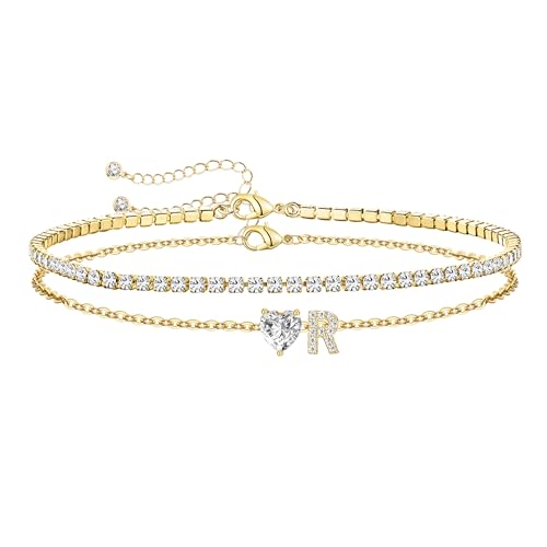 Gold Initial Ankle Bracelets for Women Waterproof 14K Gold Filled Layered Anklets for Women Non Tarnish Women's Anklets Adjustable Large Ankle Summer Beach Foot Jewelry - style: Gold-R