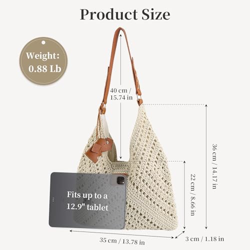 Crochet Beach Tote Bag for Women 2026 Woven Shoulder Bag Summer Handmade Boho Purse Crochet Handbags - color: Beige