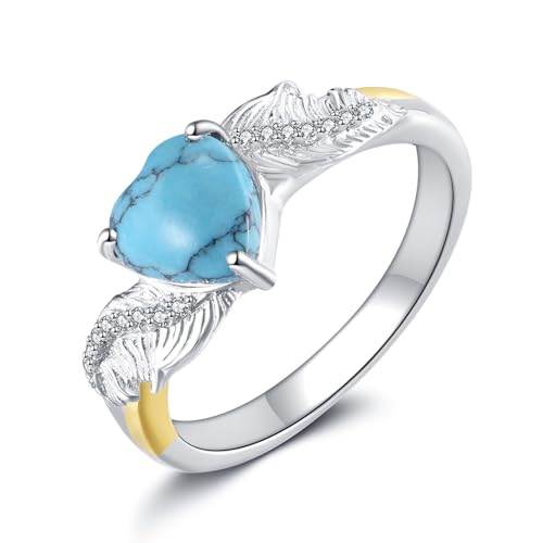 Turquoise Feather Ring 925 Sterling Silver 7mm Heart Turquoise Vintage Western Rings Jewelry Gifts for Women Chritmas Mother's Day