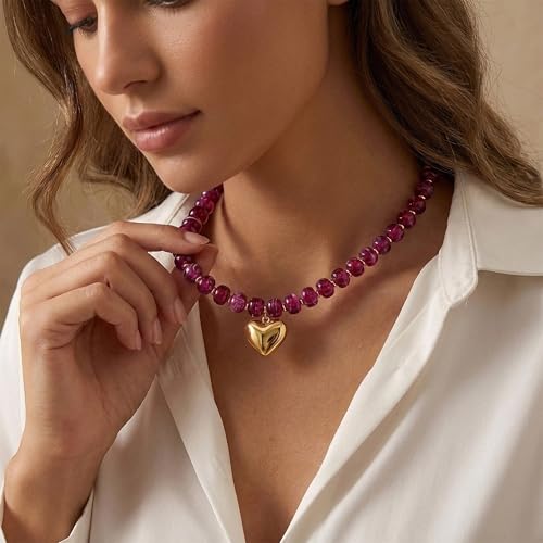 WOWORAMA Chunky Heart Necklaces for Women Colorful Resin Beaded Choker Necklace Gold Puffy Heart Statement Necklace Trendy Acrylic Choker Jewelry - color: Purple