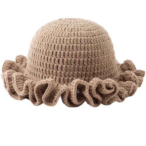 KORADI Womens Crochet Bucket Hat Ruffled Brim Knitted Hats Winter Boho Handmade Caps - color: Khaki
