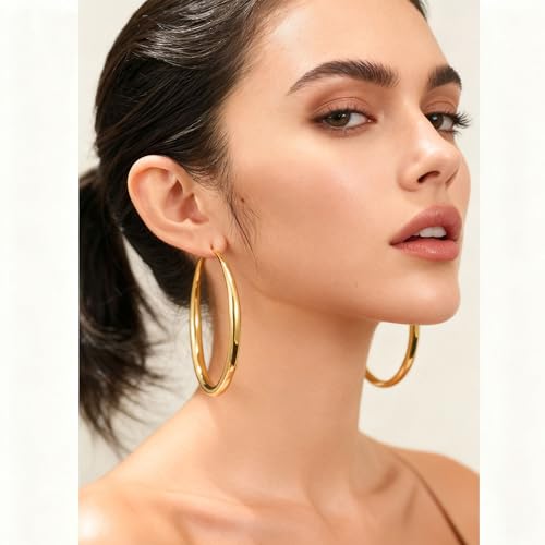 EXGOX Sterling Silver Hoop Earrings - Hypoallergenic, Lightweight, Chunky, 14K Real Gold Plated, Big Large Hoops for Women - color: Chunky&Gold hoop 70mm