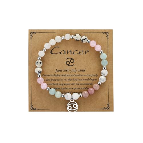 Zodiac Natural Stone Bracelet – Handmade Crystal Healing Bracelet with Zodiac Charm – Adjustable Beaded Jewelry Gift for Women Men Girls - color: Cancer