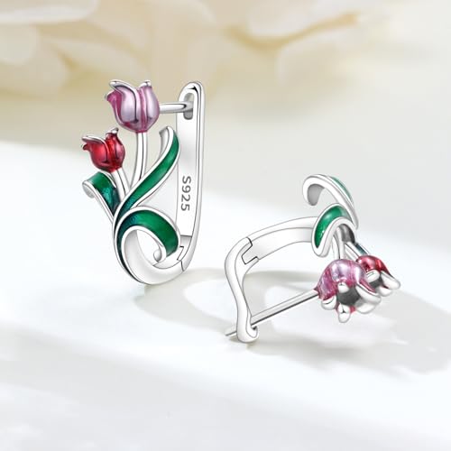 Earrings for Women 925 Sterling Silver Hoop Earring Colorful Cute Fashion Hoop Earrings Graduation Birthday Jewelry Gifts for Women - color: Tulips Earrings