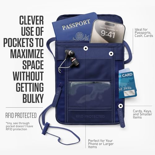 VENTURE 4TH Neck Wallet for Women & Men – RFID Blocking Passport Holder for Travel, Hidden Neck Pouch with 6 Compartments, Slim Lightweight Travel Organizer with Adjustable Strap (Sleek Navy Blue) - color: Sleek Navy Blue