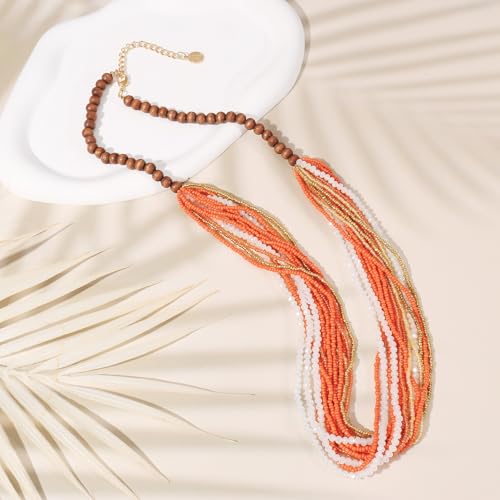 Coiris Chunky Statement Necklaces for Women Boho Multi Long Layered Strand Beaded Necklace for Women Handmade Crystal Beach Jewelry Gift - color: Orange
