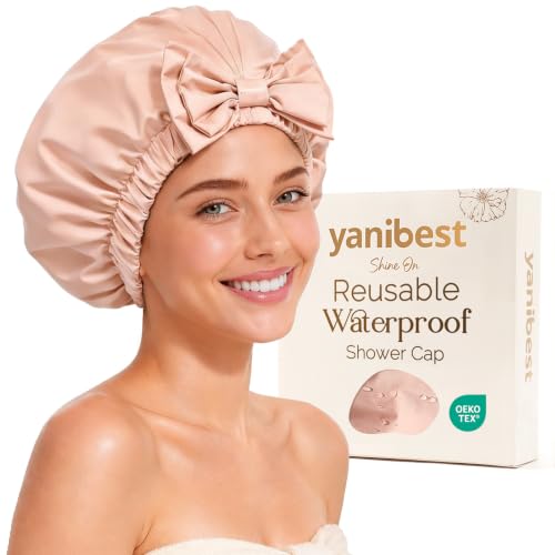 Yanibest Shower Cap Reusable Waterproof, Wide Elastic Band Bath Cap - Comfortable & Durable Bath Hair Hat for Women - color: Peachy Pink
